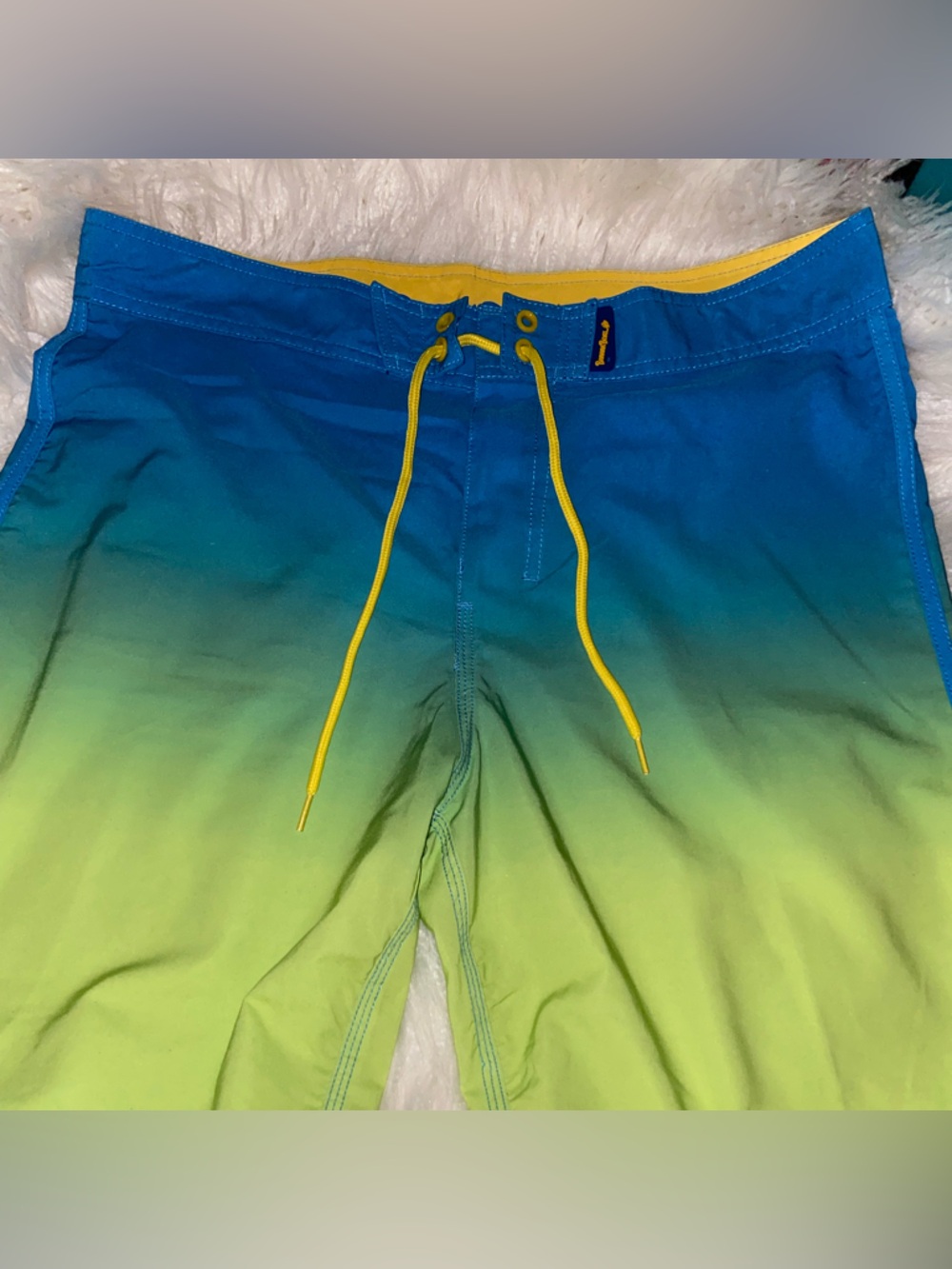 Blue-to-Green Gradient Athletic Shorts with Yellow Drawcords